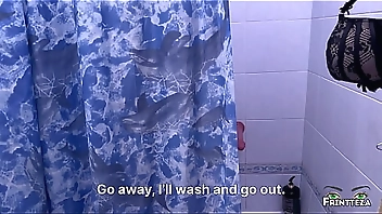 Stepson spies on his StepMom in the shower, stepmother suck two dicks, creampie in stepmom